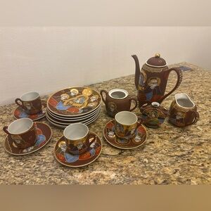 Vintage Hand Painted Japan Tea Set Moriage Style Gold Trim Mid Century